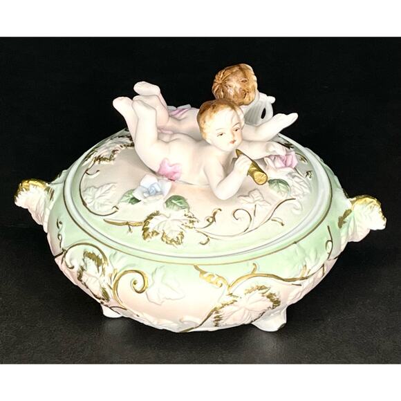 VTG Cherubs COVERED DISH Bisque Porcelain Footed Dresser Box Harp Horn Gold Pink - Picture 3 of 11